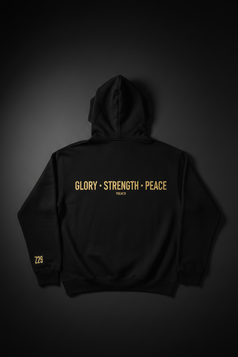 Z29 Glory Strength Peace Hoodie back print in aged gold on black with Z29 branding